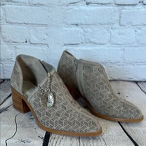 * 1.State Iddah perforated cutaway booties grey suede with a stacked block heel